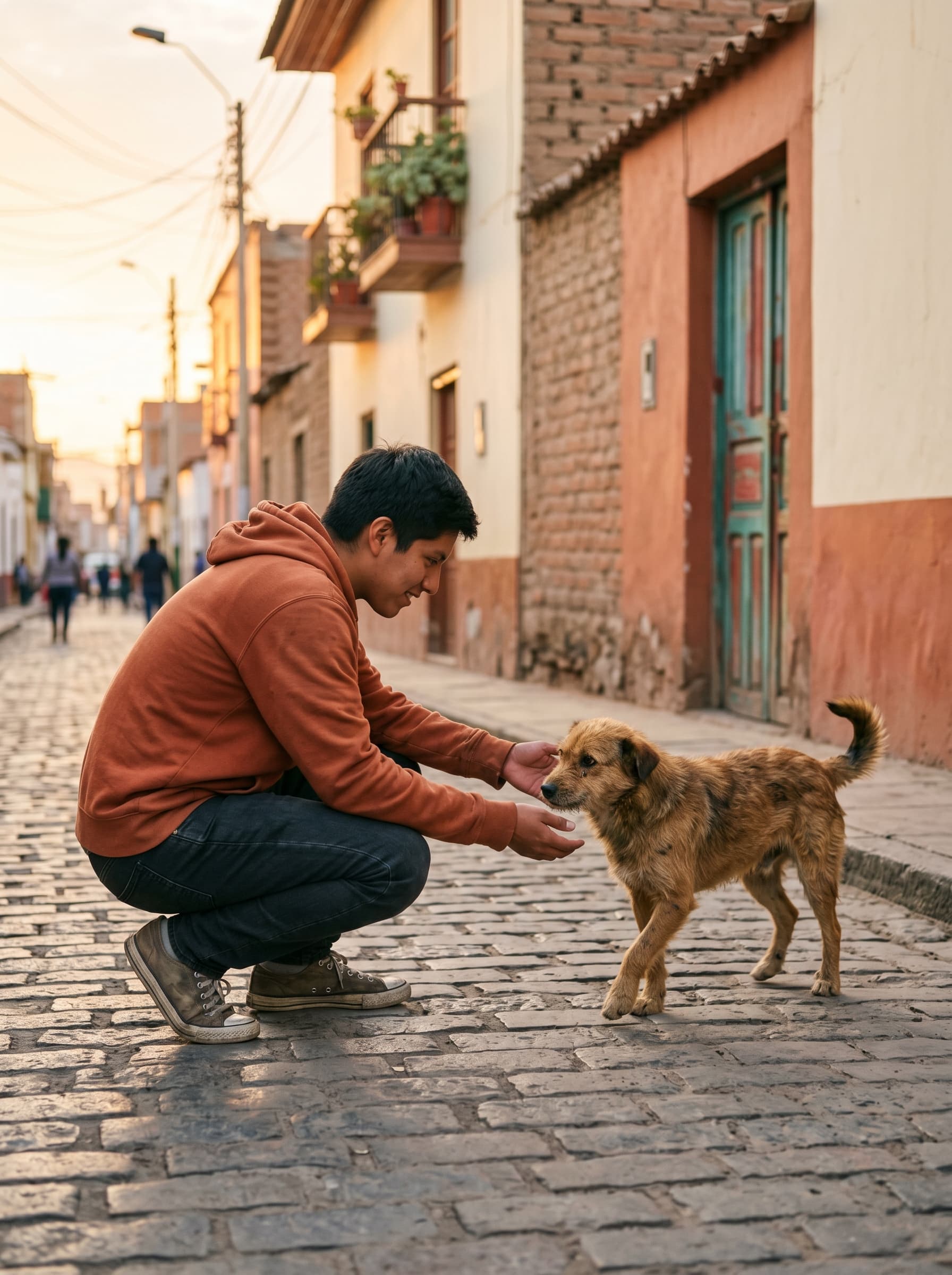 Persona acercándose a un perro callejero al atardecer en una calle peruana